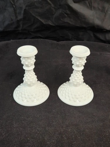 Pair (2) VTG Fenton White Milk Glass Hobnail 6" Candlesticks Candleholders #3674