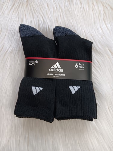 NWT Adidas Youth Athletic Cushioned 6 Pack Crew Socks Black 5Y-7Y - Picture 3 of 5