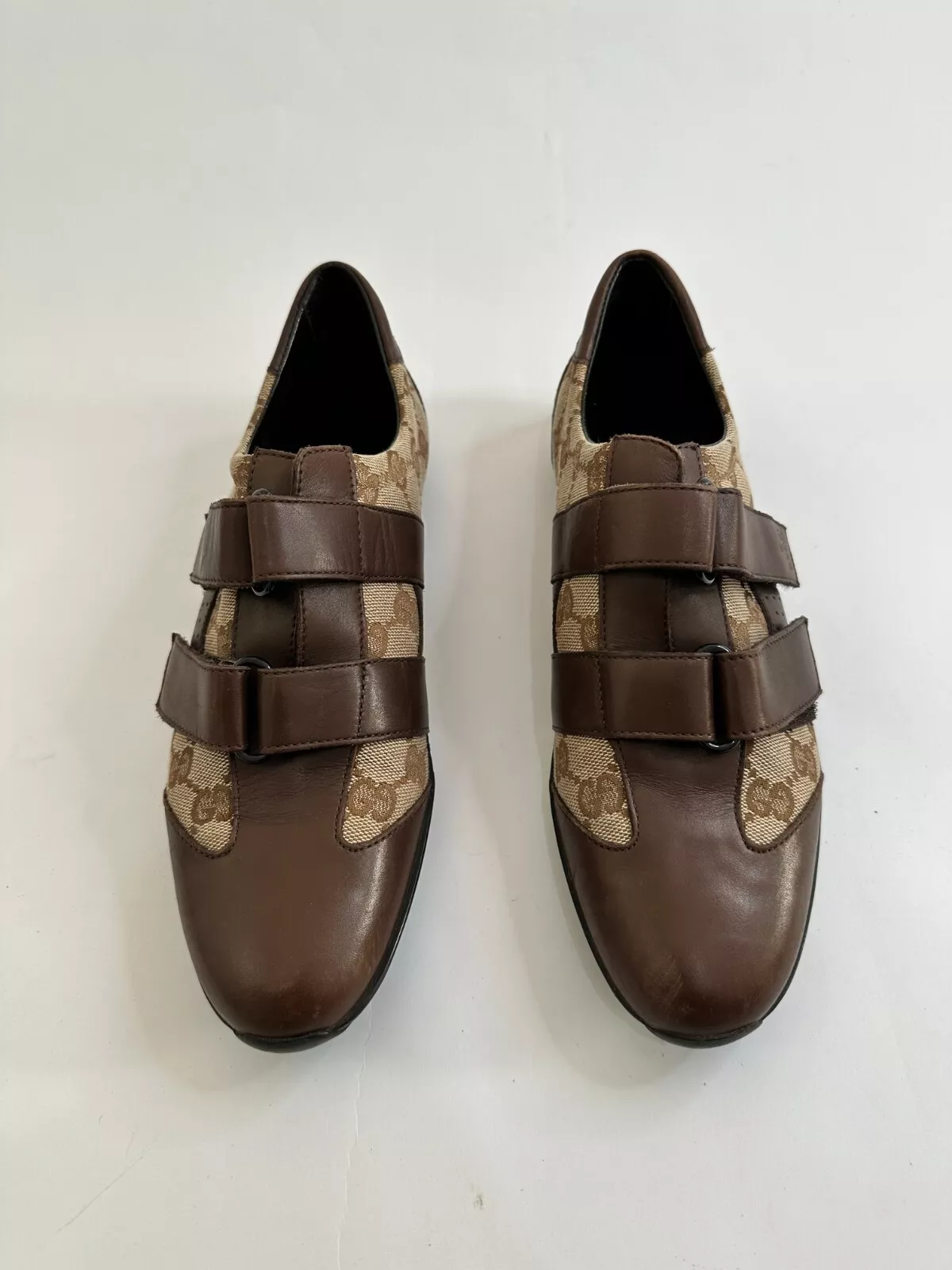 Baskets Gucci marron/beige GG toile et cuir double sangle taille 37 EU