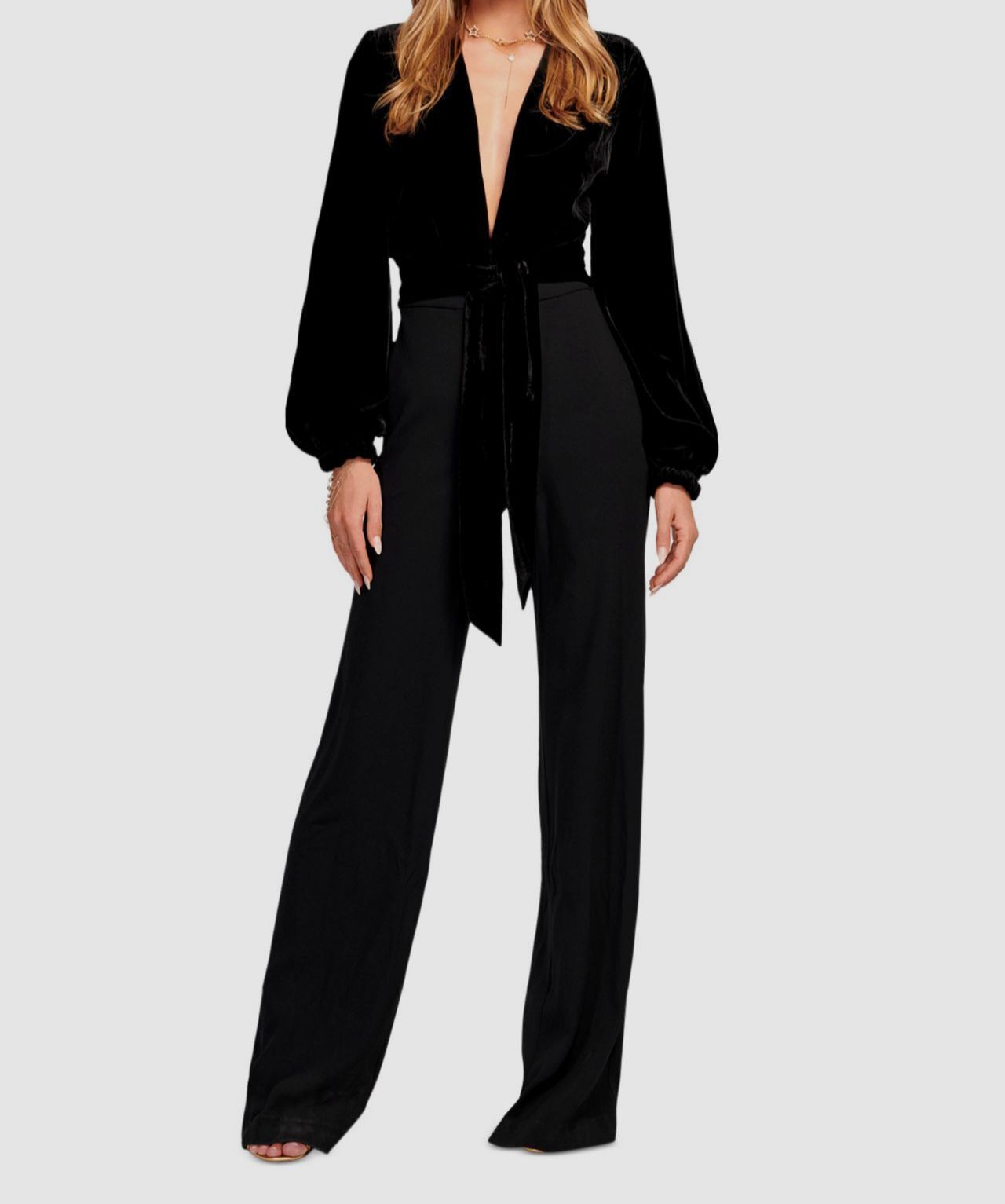 $595 Ramy Brook Women's Black Velvet Front Tie Plunging V-Neck Jumpsuit Size 00