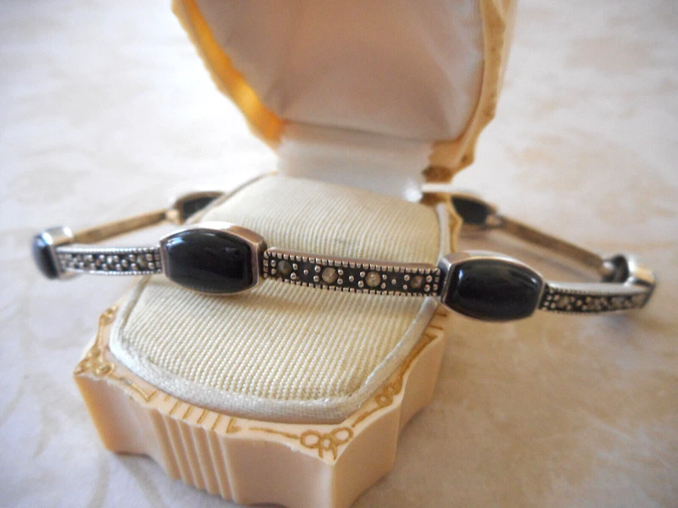 Precioso brazalete de plata de ley de marcasita y eslabones de ónix negro de 7,5" RE33TRE Foto 4 de 4