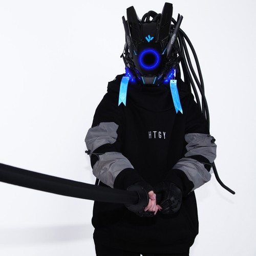 Futuristische Cybermaske mit LED-Leuchten für Cosplay und Techwear Mode - Bild 28 von 80