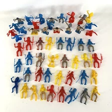Vintage Plastic Indians Figures Blue Yellow Red Painted Toy Lot of 53