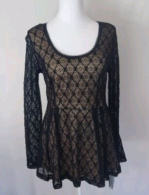 NWT Catherine Malandrino Top Womens Med Black Lace Crochet Wimsy Goth Fairy Vamp