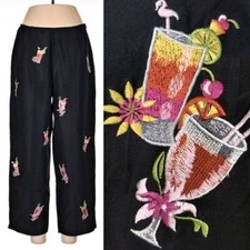 Vintage Silk Pants SLB 90s Cropped Tropical Embroidery Coastal Grandma Size 12