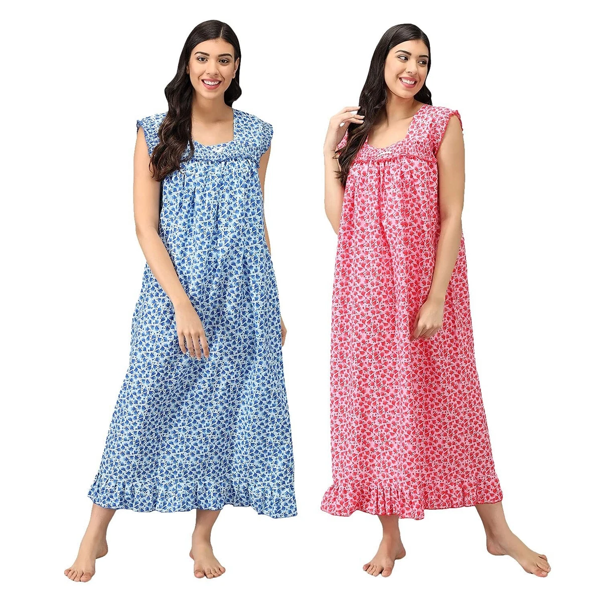 Shararat Women's Cotton Nighty/Night Gown with Frill - Free Size (Blue &  Pink) : Amazon.in: Fashion