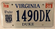 DUKE UNIVERSITY license plate NCAA Basketball BLUE DEVILS March Madness Durham