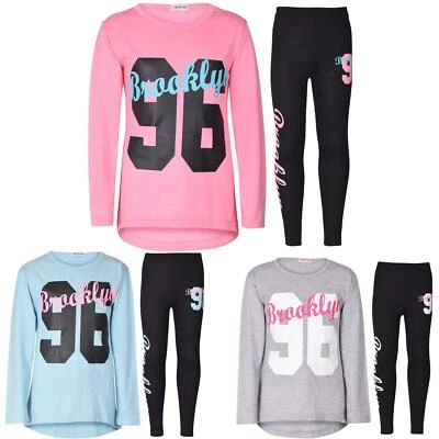 Girls Top Kids Long Sleeves Brooklyn Print Contrast T Shirt Top & Legging Set