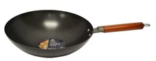 DACHU Traditional Hand Hammered Carbon Steel Pow Wok 34 cm with Wood Handle 8"