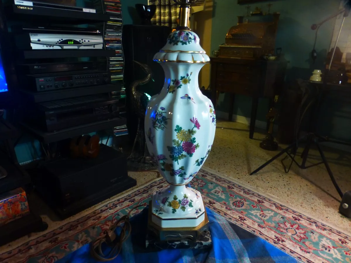 Vintage Frederick Cooper Flower Butterfly Porcelain Table Lamp W Brass Marble