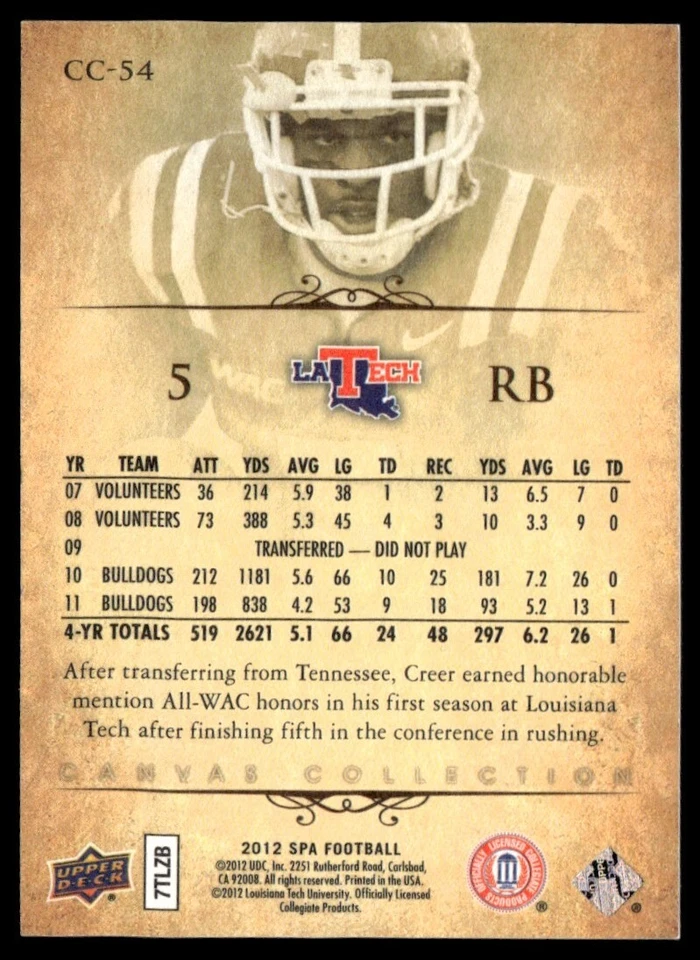 2012 SP Authentic Canvas Collection Lennon Creer RC Louisiana Tech Bulldogs - Image 2 of 2