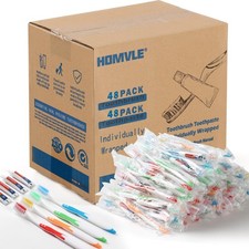48 Packs Disposable Toothbrushes with Toothpaste, Individually Wrapped Buld T...