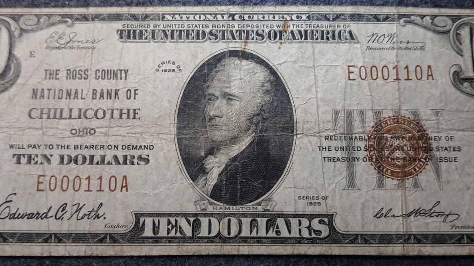 1929 $10 Ross County Bank Note Chillicothe Ohio Fancy Low Serial # + True Binary - Image 4 of 4