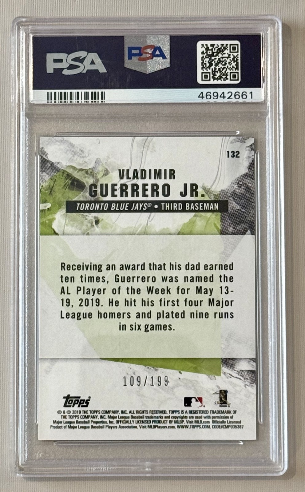 2019 Topps Fire Vladimir Guerrero Jr #132 Green /199 RC PSA 8.5 Rookie NUMBERED view 2