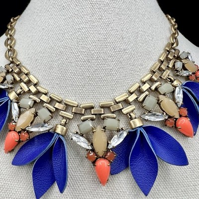 Stella Dot Blue Coral Statement Necklace Gold Tone Floral 