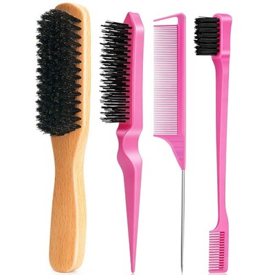 Boar Bristle Slick Back Hair Brush Smooth Flyaways Frizz Sleek Ponytail Edge