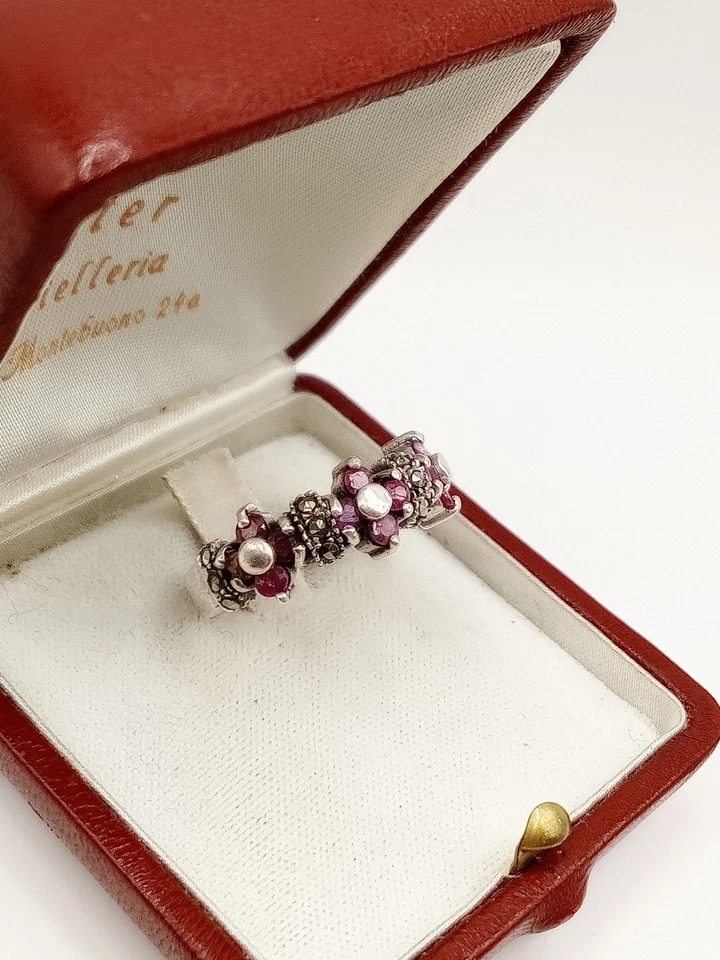 Anello Donna Argento 925 Vintage Antico Art Decò Fiori Rubini Marcasiti Fiori - Immagine 4 di 4