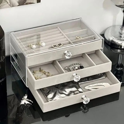 Velvet Jewelry Organizer with 3Drawers Stackable Display Storage Box Holder Case - Picture 8 of 30