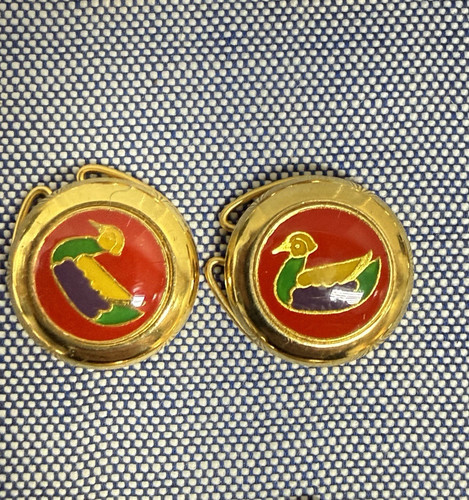 Vintage Italian Mallard Duck Button Covers Gold Tone Red Enamel Pat Pend Set