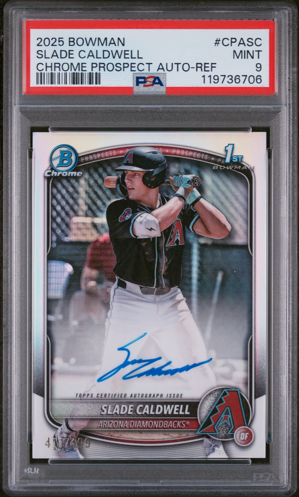 2025 Bowman Chrome Prospect Autograph Refractor Slade Caldwell #CPASC /499 PSA 9