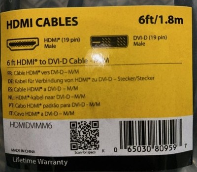 StarTech 6ft HDMI to DVI-D Cable - M/M (HDMIDVIMM6) Male / Male Cable / Adapter