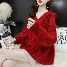 Damen Strickpullover V-Ausschnitt Locker Oversize Quaste Fransen Warm Casual