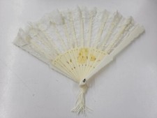 Vintage Handheld Faux Ivory Folding Hand Fan Plastic Sheer Lace Tassle