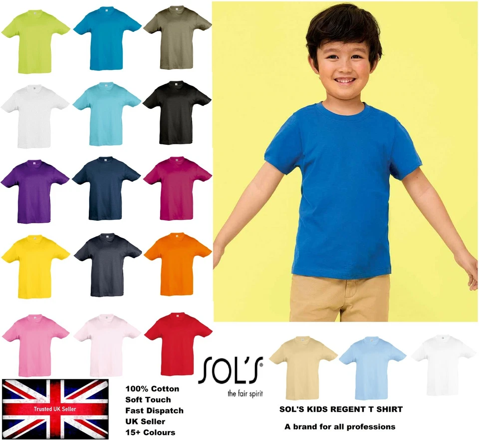 Boys Plain T-Shirt Kids Children SOL'S School PE Tee Top 100% Cotton Summer Tee
