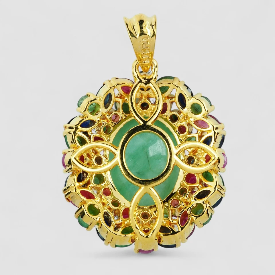 Colombia Emerald Pendant 925 Silver 24K Yellow Gold Finish Handmade Fine Jewelry - Image 4 of 4