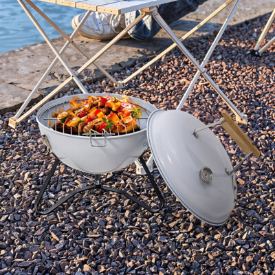 Kettle BBQ Charcoal Small Barbecue Garden Outdoor Portable Camping Grill  White UK