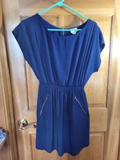 Women's Mini Dress Zip Pockets Elastic Waist Size M Navy Blue One Clothing 