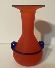 Italian Art Glass - Red Satin Glass w/ Cobalt Blue Application Vase  - 6.75"