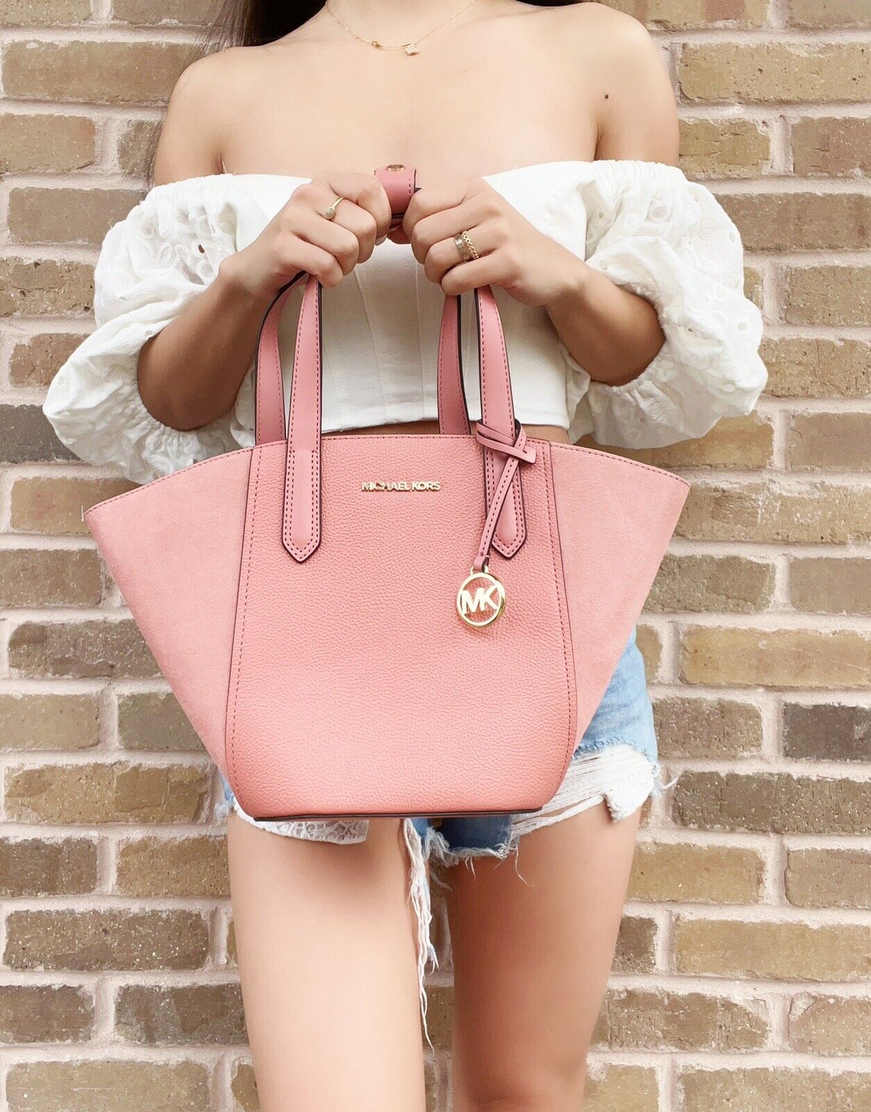 Michael Kors Pink Sunset Rose Small Portia Suede Leather Tote Bucket Bag |  eBay