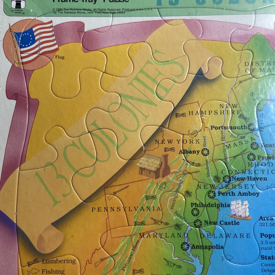 复古 1992 年框架托盘拼图 13 个殖民地地图全新未拆封 — 第 3/4 张图片