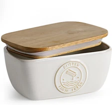 Ceramic Butter Dish with Acacia Lid for Countertop, Silicone Sealing, Farmhou...
