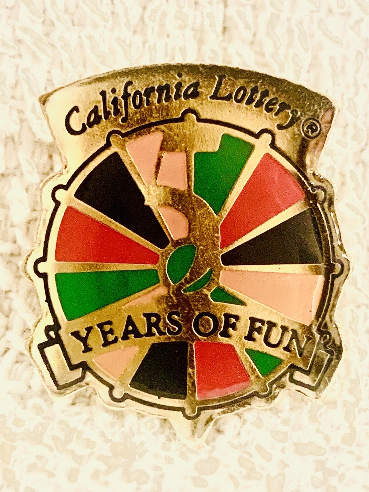Vintage 1990 ca state lottery 5 years of fun anniversary pin roulette