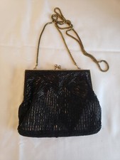 Vintage Magid Black Beaded Kisslock Evening Purse Bag Clutch Shoulder Chain Prom