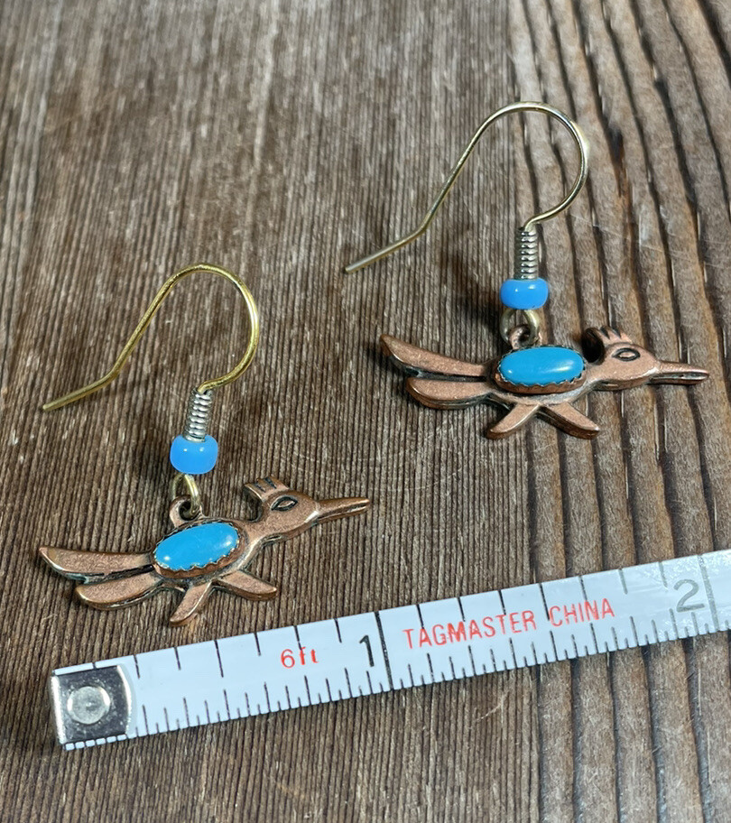 Solid Copper Turquoise Pierced Earrings Roadrunne… - image 2