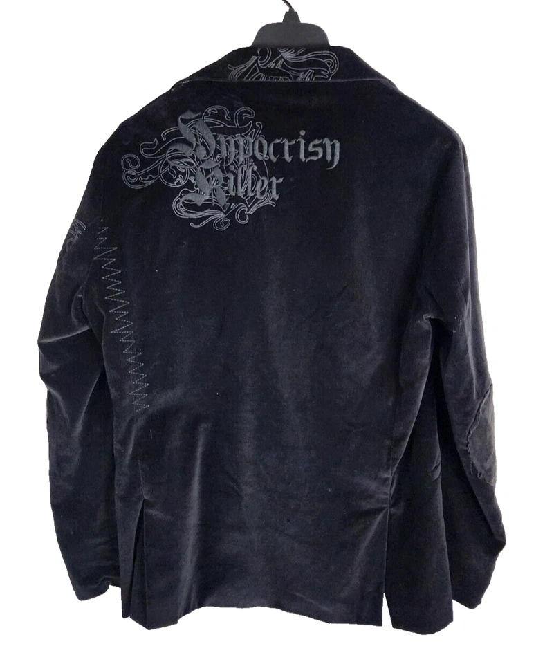 ROAR VELVET Blazer Jacket Mens Sz L Black Graphic Print Two Button Elbow Patch - Image 2 of 4