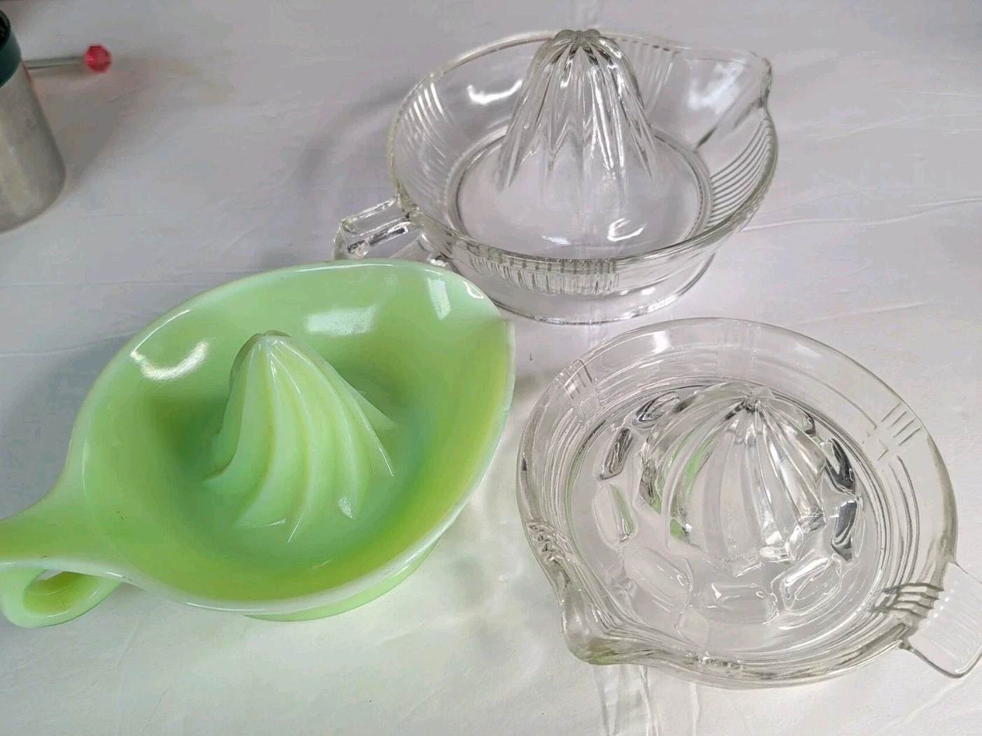 3 Vintage Juicers Clear GREEN Glass Lemon Orange Citrus Juice Maker Spout