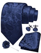 3.15"  8cm  Mens Paisley Tie and Lapel Pin Necktie Hankerchief Navy Blue