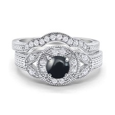 Two Piece Round Natural Black Onyx Wedding Set Ring 925 Sterling Silver