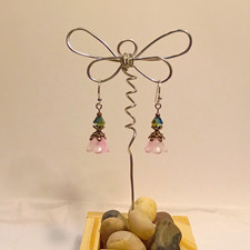 Handmade Silver Tone Metal Hook, Green Bead And Pink Bell Flower Drop Earrings