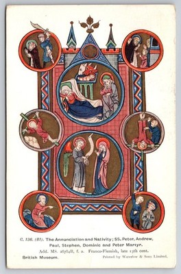 British Museum Medieval Art Postcard Annunciation Nativity Saints 13th Cent.