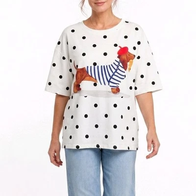 Italy T-Shirt Größe 38 40 42 Oversize Tunika Punkte Shirt Hund Print Weiß  - Bild 1 von 4