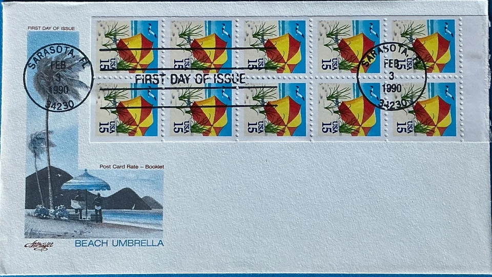 Artmaster Cachets 2443A Beach Umbrella Booklet Pane of 10 Sarasota Florida - Image 1 of 1