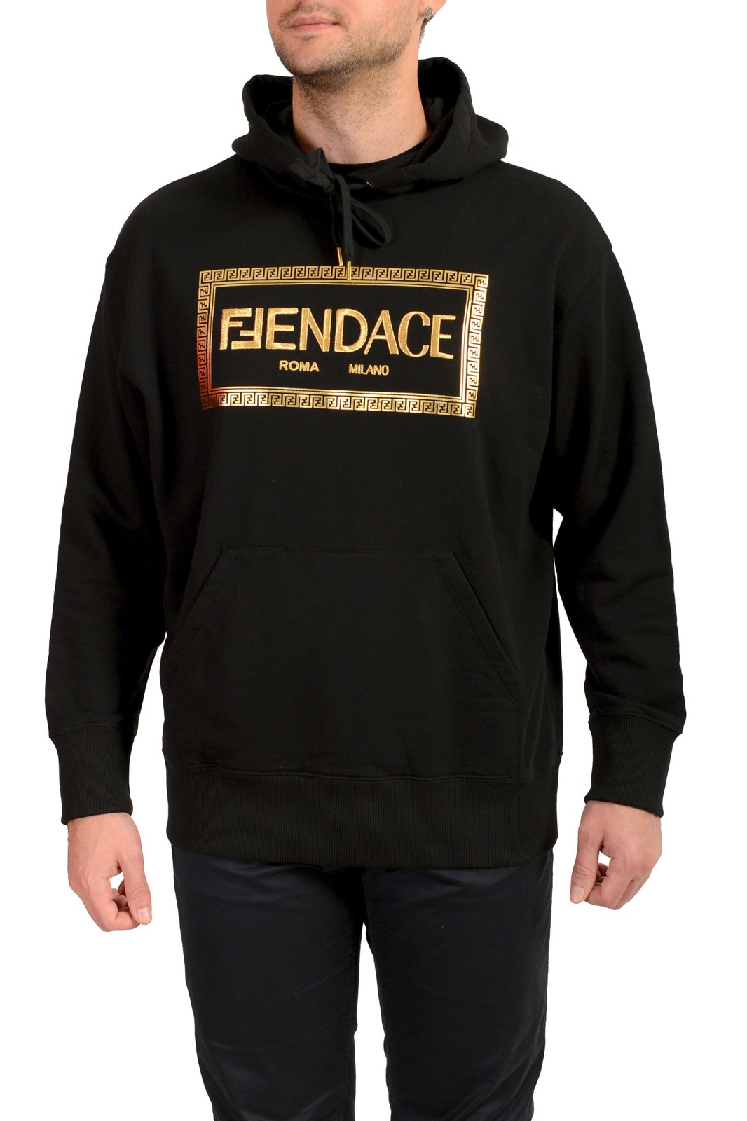 Мужская толстовка с новым логотипом FENDI X VERSACE Fendace Mens Black-Gold Hoodie US L IT 52