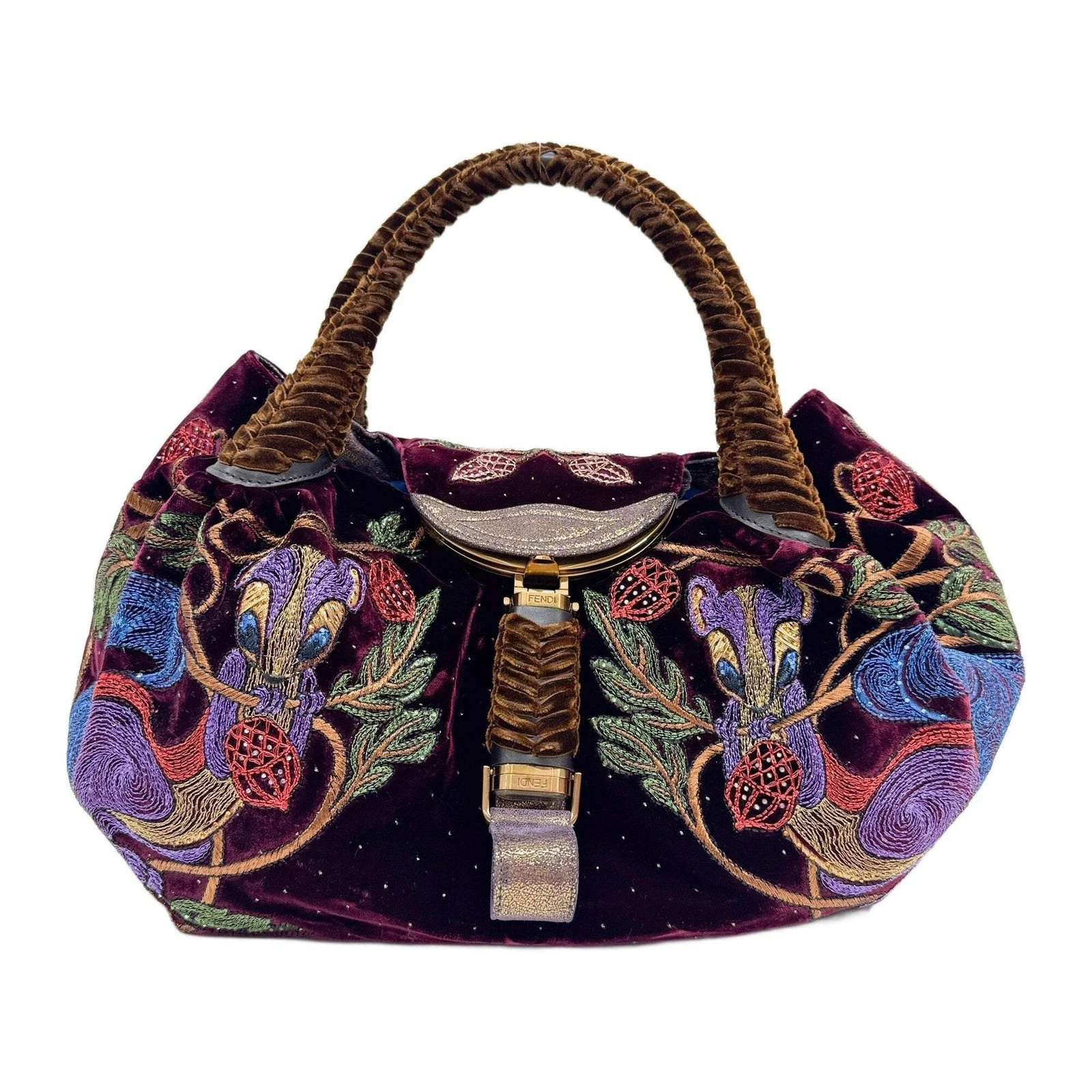 Fendi — FENDI Spy Embroided Wine Red Velvet Handle Bag