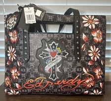 Ed Hardy Tote Black Large Black Rhinestone Cross Flowers Embossed Skull Bones