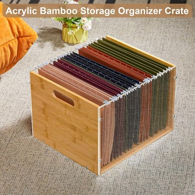 Clear Acrylic File Box Organizer, Bamboo Hanging Folder Storage